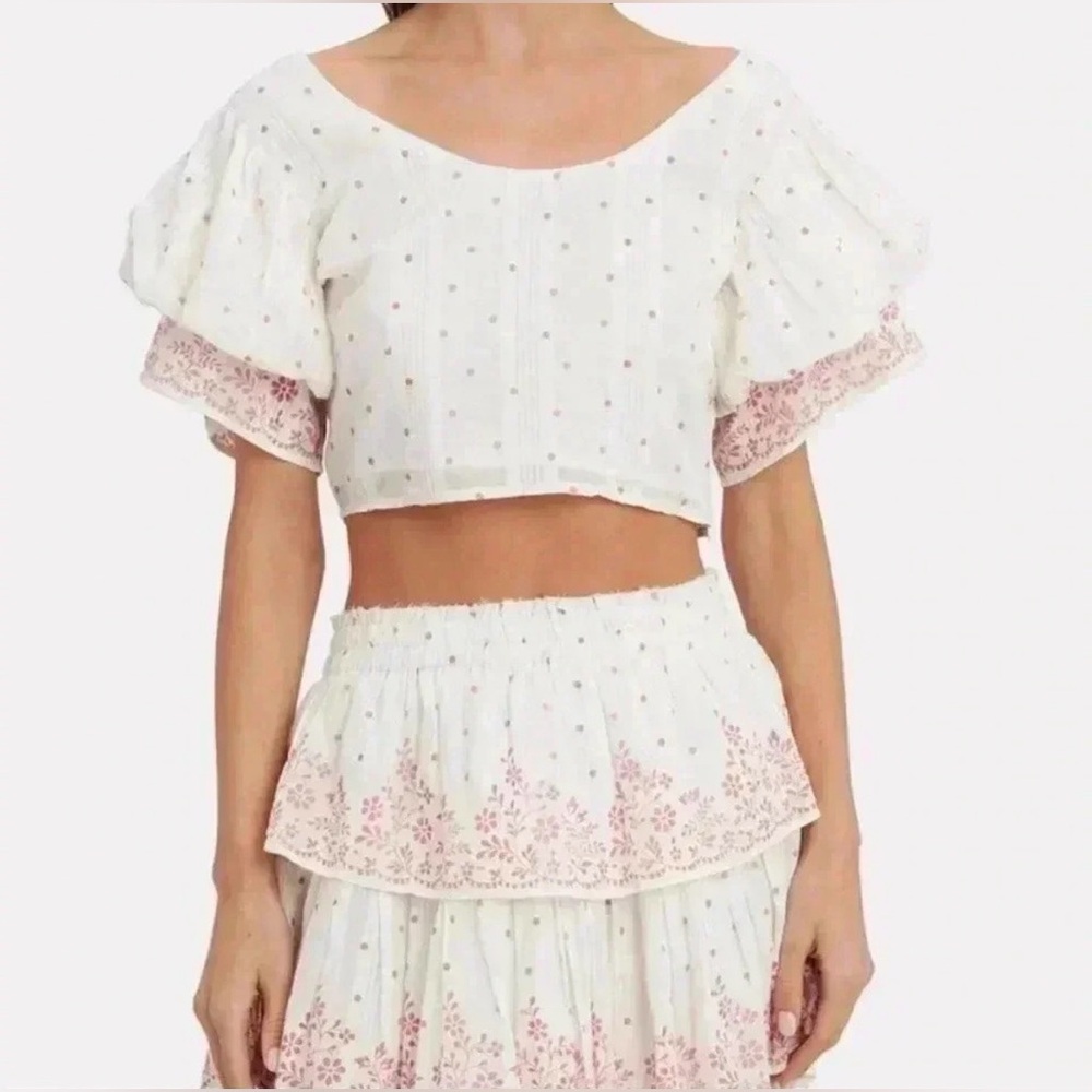 LoveShackFancy Christine Cropped Blouse Ivory Pink Polka Dot Cotton Top Size S